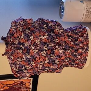 1 State Floral Ruffled Blouse Orange Red Purple & Blue